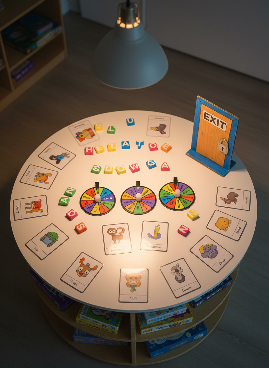 A bright, game-like ESL puzzle station designed for young learners, featuring a circular white table covered in colorful letter tiles, picture-based vocabulary cards, spinning code wheels with English words, and a cheerful cardboard “Exit” door model with a tiny padlock. Around the table, low bookshelves display board games and neatly arranged language-learning boxes. Overhead, a simple pendant lamp with a warm bulb casts a focused pool of light on the tabletop, creating gentle, rounded shadows behind the objects while the background falls slightly out of focus. Photographic realism captures glossy reflections on laminated cards and the matte texture of cardboard props. Shot from a top-down, bird’s eye view, the composition feels playful and organized, conveying a sense of hands-on, interactive English learning through escape room-style games.