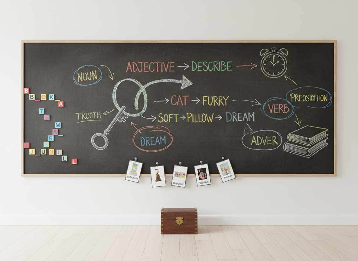 An imaginative escape room puzzle wall designed for English learners, with a large chalkboard covered in brightly colored English words, arrows, circled clues, and simple drawings of objects like keys, clocks, and books. Magnetic letter tiles form partially completed vocabulary chains along one side, while laminated clue cards hang from tiny hooks at the bottom edge. The wall is framed by clean white walls and a light wooden floor, with a closed lockbox resting just beneath the board. Soft studio lighting evenly illuminates the writing, creating subtle chalk dust texture and faint shadows from the hanging cards. Shot straight-on with sharp focus across the entire frame, the photographic image feels dynamic yet organized, suggesting a fun, brain-teasing ESL challenge in a modern classroom setting.