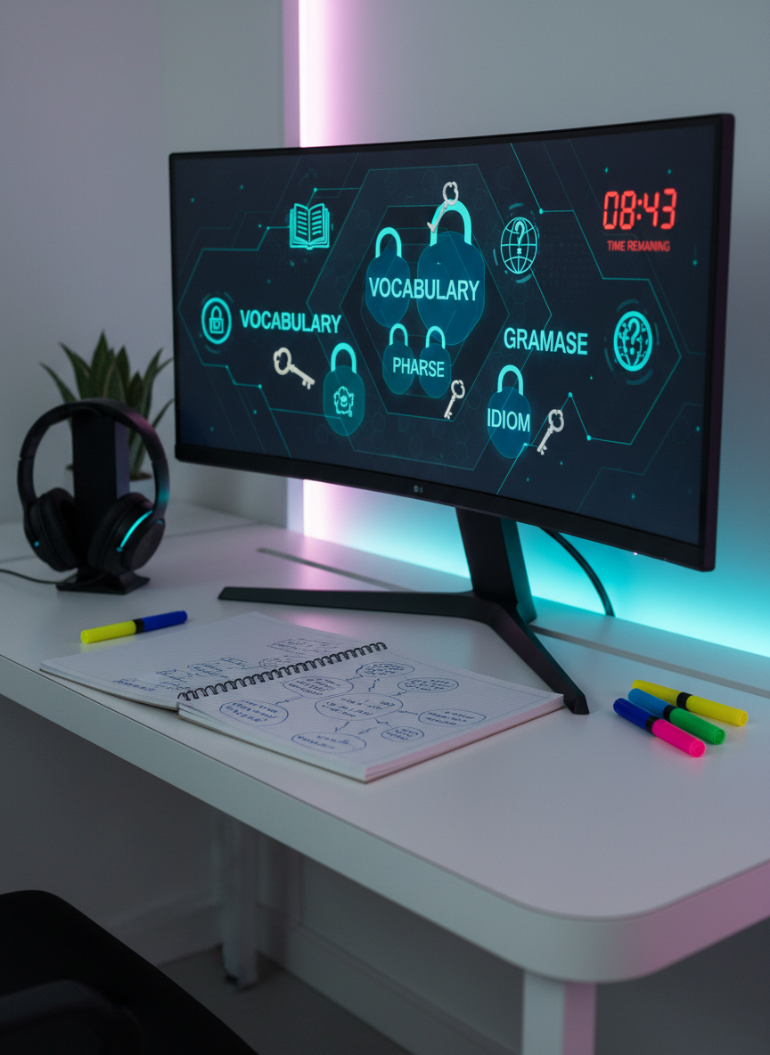 A futuristic digital control panel for an online ESL escape room, rendered in photographic realism, displayed on a large ultra-wide monitor resting on a minimalist white desk. The screen shows glowing English word locks, animated icons of books and keys, and a timer counting down, all set against a sleek dark interface. On the desk, a notebook open to neatly written English phrases, a pair of stylish headphones, and colorful marker pens add tactile detail. Cool-toned LED strip lights run along the edge of the desk and wall, casting a subtle cyan and magenta glow that reflects faintly on the monitor’s bezel. Captured from a three-quarter angle with shallow depth of field, the scene feels high-tech, energetic, and playful, embodying the excitement of solving interactive ESL challenges online.