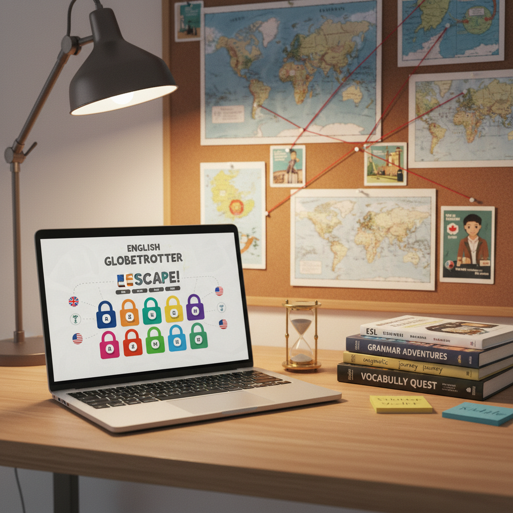 A cozy digital workspace set up for a virtual English escape room, featuring a sleek laptop on a light oak desk displaying a puzzle-filled web page with colorful word locks and icons of countries. Next to the laptop, neatly stacked ESL textbooks, sticky notes with handwritten English vocabulary, and a small hourglass timer sit in soft focus. Behind, a corkboard wall holds pinned maps, illustrated clue cards, and arrows connecting ideas like a mystery board. Warm, indirect lamp light creates a gentle glow and subtle shadows, adding depth without harsh contrast. Captured from a slightly elevated angle in photographic realism, the composition uses the rule of thirds to keep the laptop central while the puzzle elements frame it, conveying a focused yet playful atmosphere of interactive online learning.