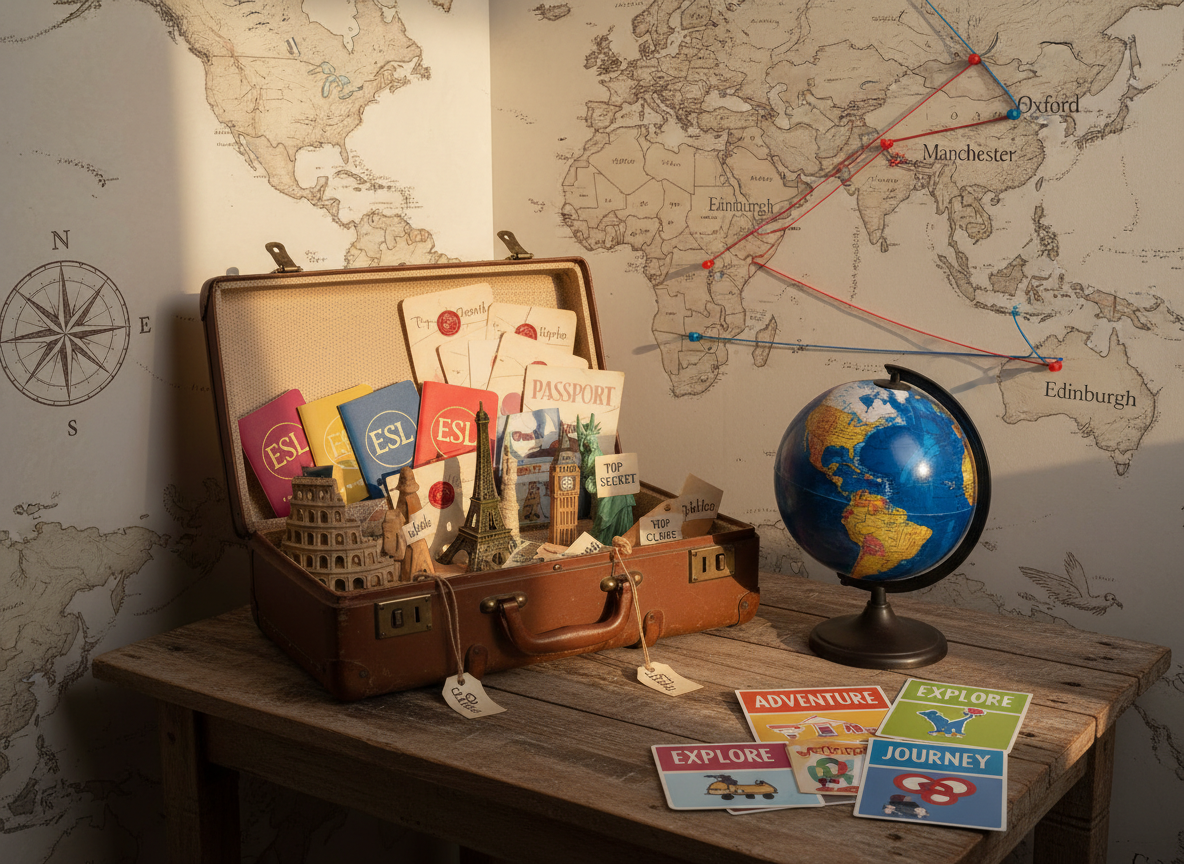 A whimsical travel-themed ESL escape room corner, without any people, where a vintage-style suitcase sits open on a low table, overflowing with labeled props: miniature landmarks with English name tags, colorful passports marked “ESL,” and envelopes stamped “Top Secret Clues.” A world map wallpaper fills the background, with strings and pins connecting English city names to their locations. A small globe with glossy oceans and raised continents rests nearby, next to a stack of vocabulary flashcards featuring travel words. Late afternoon natural light streams from the left, casting warm highlights on the globe and suitcase buckles and soft shadows on the map wall. Photographic realism with a slightly elevated angle and moderate depth of field creates an adventurous, playful mood, perfect for illustrating English virtual field trips.